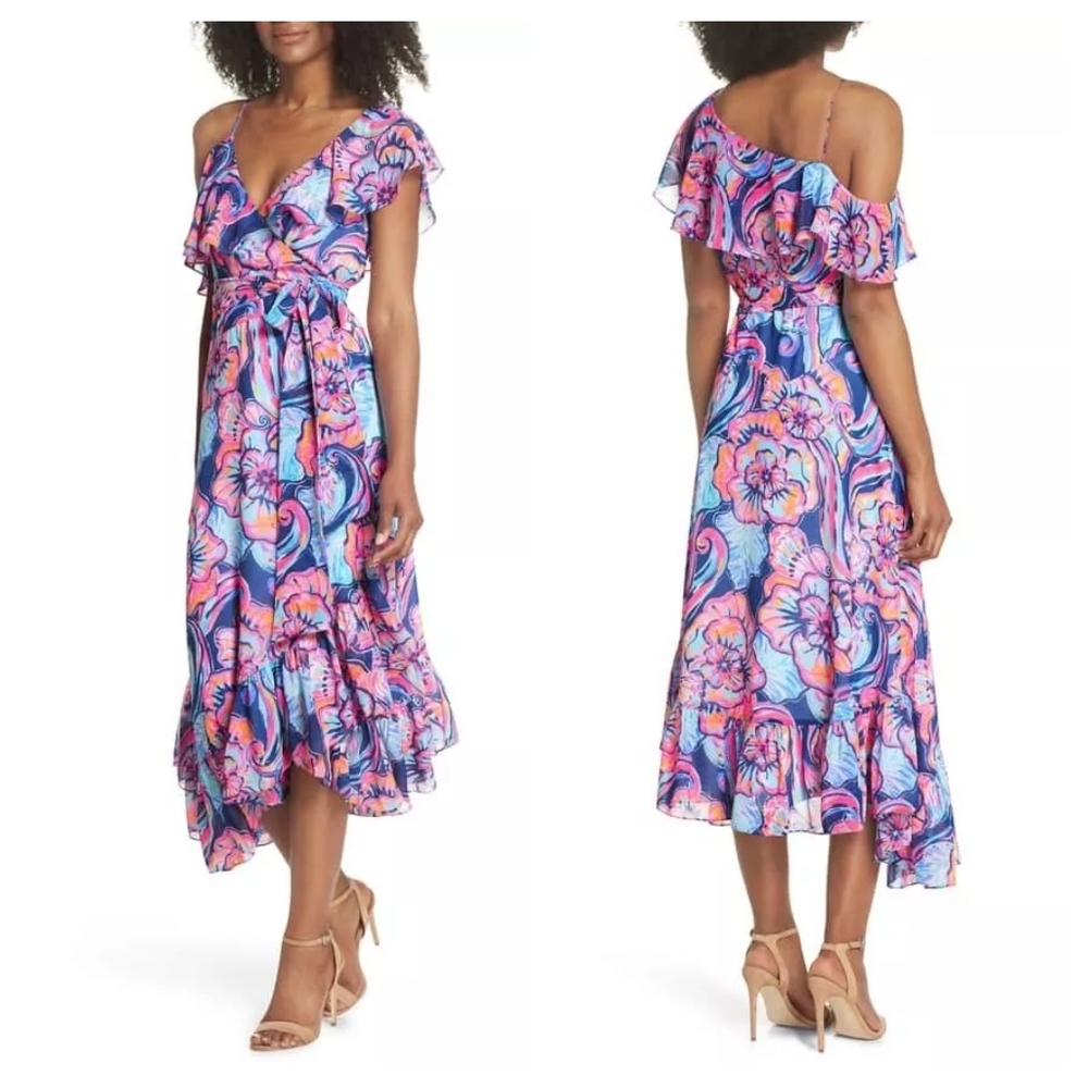 LILLY PULITZER Marianna Dress in Nauti Navy Boho Bateau Wrap Dress Medium - Picture 2 of 10